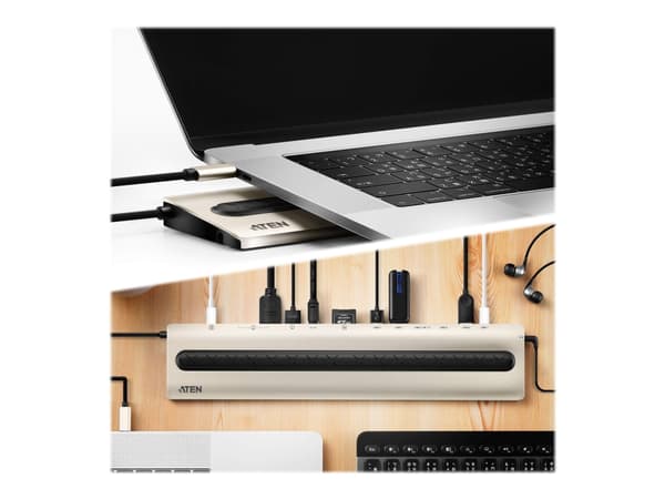 ATEN UH3237-AT kannettavien tietokoneiden telakka ja porttitoistin Langallinen USB 3.2 Gen 1 (3.1 Gen 1) Type-C Musta, Harmaa