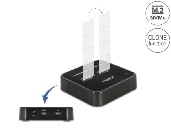 Delock M.2 telakointiasema 2 x M.2 NVMe PCIe SSD:lle kloonitoiminnolla varustettuna