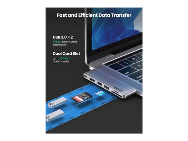 Ugreen 6-in-2 USB C Hub - telakointiasema - USB-C 3.1 Gen 2 / Thunderbolt 3 - HDMI - Apple MacBook Air (Early 2020, Late 2018, Late 2020, Mid 2019);