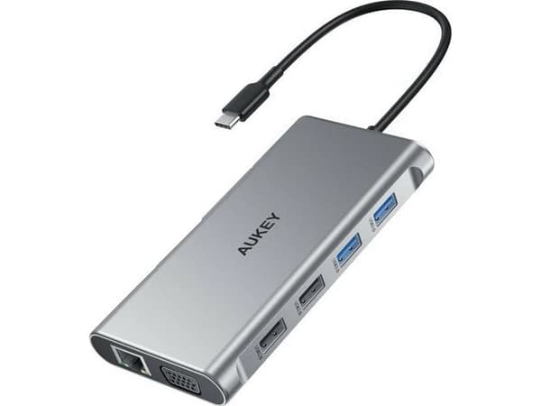 Aukey aluminiowy Hub USB-C | 10w1 | RJ45 Ethernet 10/100/1000Mbps | 4xUSB | HDMI 4k@30Hz | SD i microSD | USB-C Power Delivery 100W