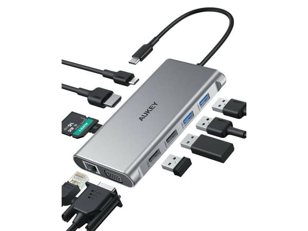 Aukey aluminiowy Hub USB-C | 10w1 | RJ45 Ethernet 10/100/1000Mbps | 4xUSB | HDMI 4k@30Hz | SD i microSD | USB-C Power Delivery 100W