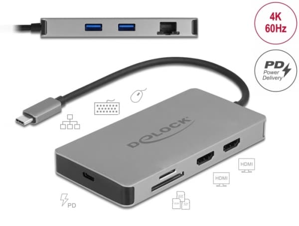 Delock - Telakointiasema - USB-C - 2 x HDMI - GigE