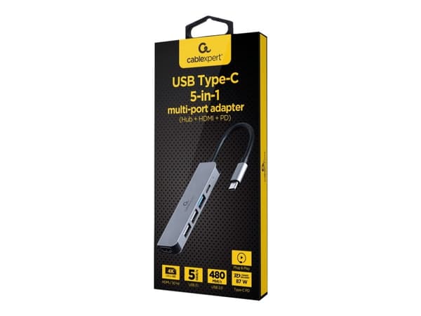 Gembird A-CM-COMBO5-03, Langallinen, USB 3.2 Gen 1 (3.1 Gen 1) Type-C, 87 W, Hopea, 5 Gbit/s, 3840 x 2160 pikseliä