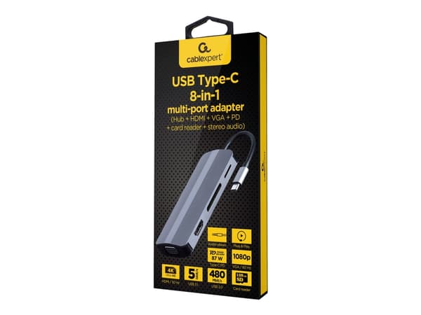 Cablexpert A-CM-COMBO8-02 - Dokkingstasjon - USB-C 3.1 - VGA, HDMI - GigE