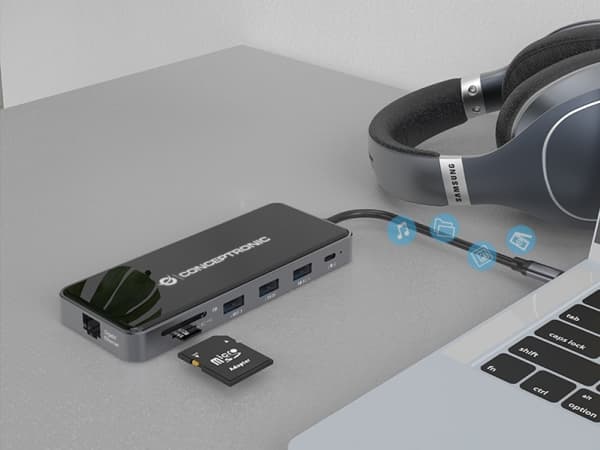 Conceptronic DONN15G, Kabel, USB 3.2 Gen 1 (3.1 Gen 1) Type-C, 100 W, 1000 Mbit/s, Grå, MicroSD (TransFlash), SD