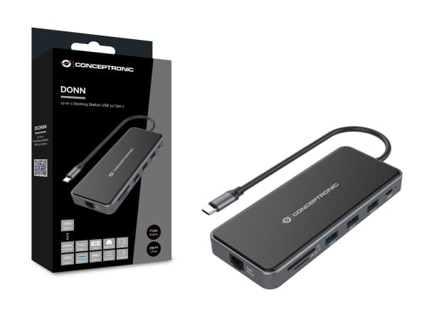 Conceptronic DONN15G, Kabel, USB 3.2 Gen 1 (3.1 Gen 1) Type-C, 100 W, 1000 Mbit/s, Grå, MicroSD (TransFlash), SD