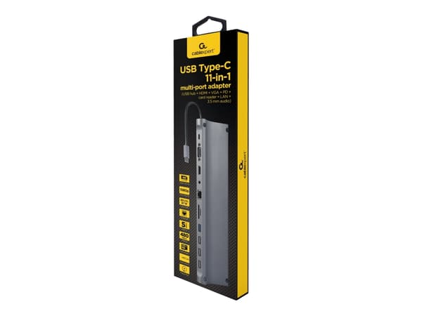 Gembird A-CM-COMBO11-01, Langallinen, USB 3.2 Gen 1 (3.1 Gen 1) Type-C, 87 W, 3,5 mm, Harmaa, Space Grey