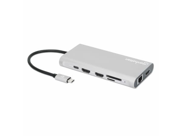 Manhattan 130660, Ledningsført, USB 3.2 Gen 1 (3.1 Gen 1) Type-C, 100 W, 10,100,1000 Mbit/s, Alumiini, MicroSD (TransFlash), SD, SDHC, SDXC