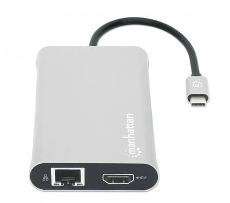 Manhattan 130660, Ledningsført, USB 3.2 Gen 1 (3.1 Gen 1) Type-C, 100 W, 10,100,1000 Mbit/s, Alumiini, MicroSD (TransFlash), SD, SDHC, SDXC