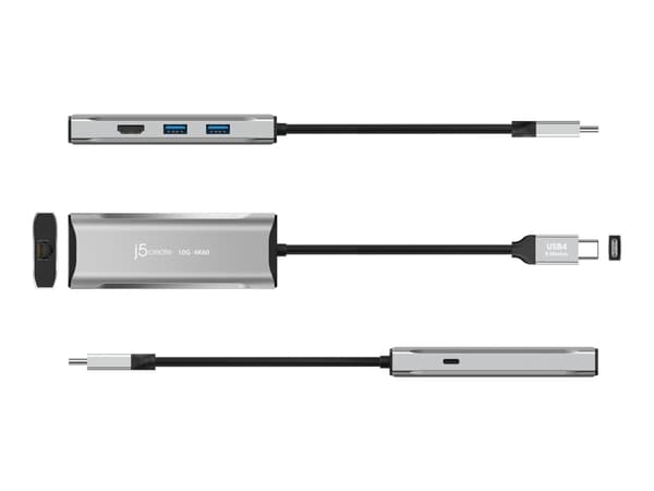 j5create JCD392-N 4K60 Elite USB-C® 10Gbps Travel Dock, Langallinen, USB 3.2 Gen 1 (3.1 Gen 1) Type-C, 100 W, USB Type-C, 10,100,1000 Mbit/s, Harmaa