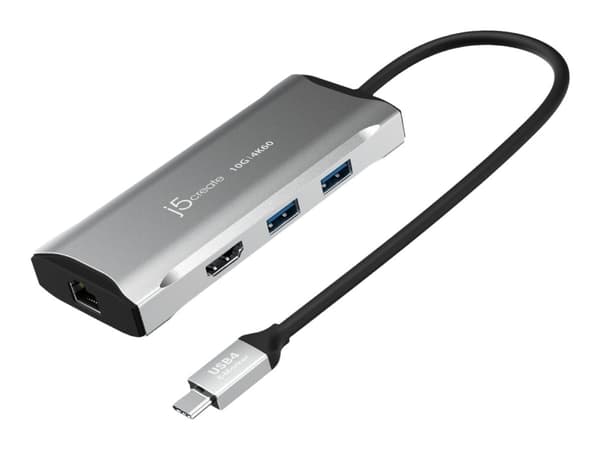 j5create JCD392-N 4K60 Elite USB-C® 10Gbps Travel Dock, Langallinen, USB 3.2 Gen 1 (3.1 Gen 1) Type-C, 100 W, USB Type-C, 10,100,1000 Mbit/s, Harmaa