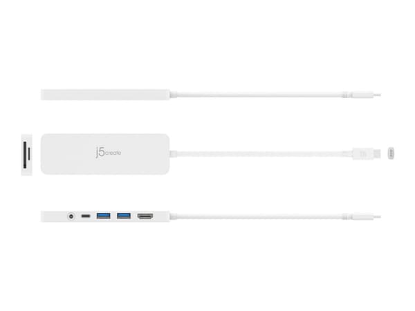 j5create JCD373-N Kevyt USB-C®-sovitin, USB 3.2 Gen 1 (3.1 Gen 1) Type-C, 60 W, Valkoinen, MicroSD (TransFlash), SD, 4K Ultra HD, 30 Hz