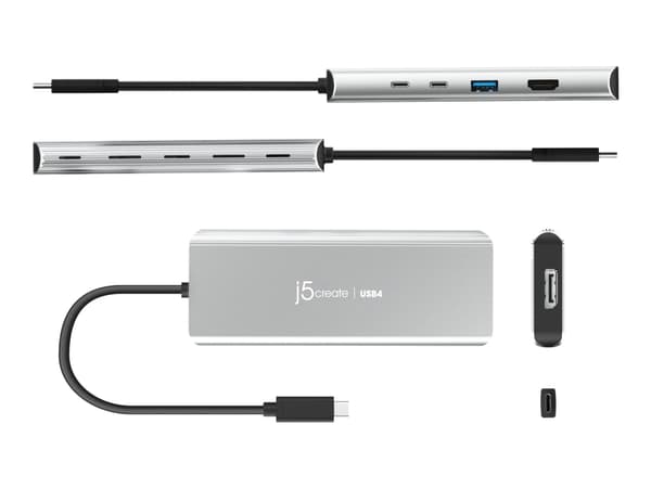 j5create JCD401-N USB4™ dobbel 4K multiport-hub, Koblet med ledninger (ikke trådløs), USB 3.2 Gen 2 (3.1 Gen 2) Type-C, 85 W, Sølv, 10 Gbit/s, 4K Ult