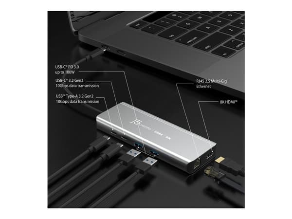 j5create JCD403-N USB4® 8K Multi-Port Hub, USB Type-C, HDMI, RJ-45, USB 3.2 Gen 2 (3.1 Gen 2) Type-A, USB 3.2 Gen 2 (3.1 Gen 2) Type-C, 10000 Mbit/s,