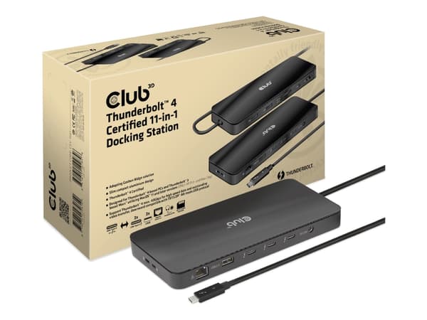 CLUB3D Thunderbolt 4 Certified 11-in-1 Docking Station, Telakointi, Thunderbolt 4, 140 W, 1000 Mbit/s, Musta, SD