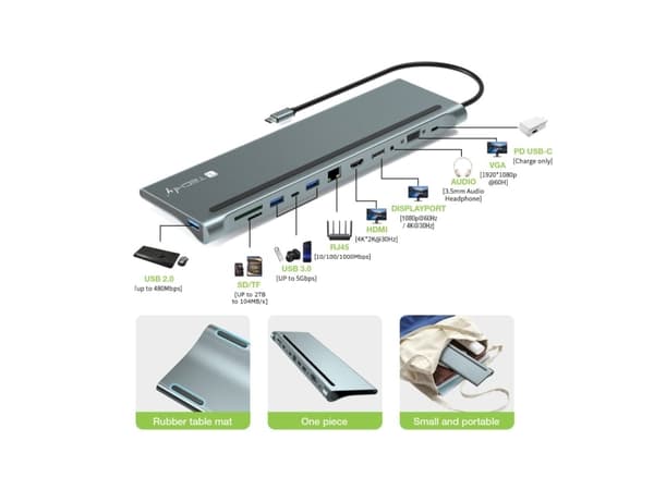 Techly IUSB31C-DOCK12DPHD, Koblet med ledninger (ikke trådløs), USB 3.2 Gen 1 (3.1 Gen 1) Type-C, 100 W, 10,100,1000 Mbit/s, Grå, MicroSD (TransFlash