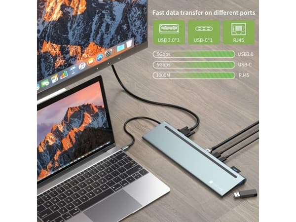 Techly IUSB31C-DOCK12DPHD, Koblet med ledninger (ikke trådløs), USB 3.2 Gen 1 (3.1 Gen 1) Type-C, 100 W, 10,100,1000 Mbit/s, Grå, MicroSD (TransFlash
