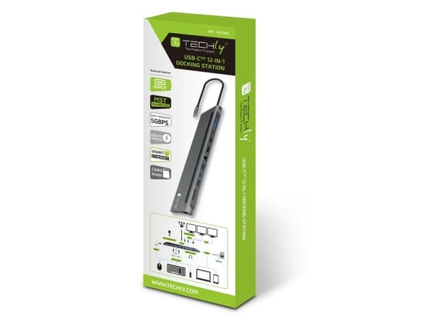 Techly IUSB31C-DOCK12DPHD, Koblet med ledninger (ikke trådløs), USB 3.2 Gen 1 (3.1 Gen 1) Type-C, 100 W, 10,100,1000 Mbit/s, Grå, MicroSD (TransFlash