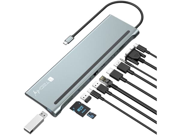Techly IUSB31C-DOCK12DPHD, Koblet med ledninger (ikke trådløs), USB 3.2 Gen 1 (3.1 Gen 1) Type-C, 100 W, 10,100,1000 Mbit/s, Grå, MicroSD (TransFlash