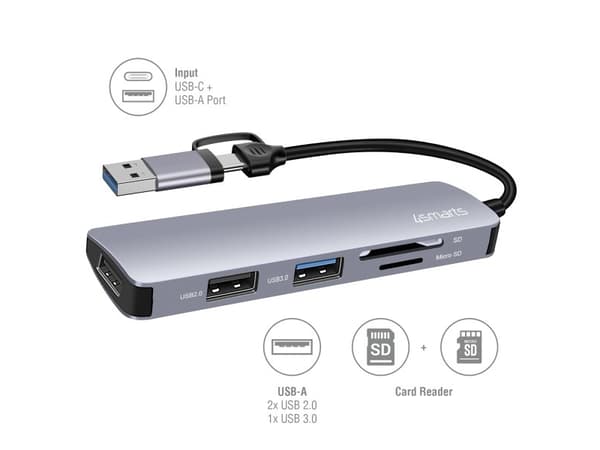 4smarts 5in1 Hub - Dokkingstasjon - for smarttelefon, bærbar, bærbar - USB-C / USB-A - 5-spors - USB 2.0, USB 3.0