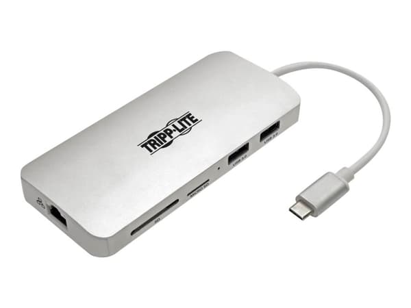 Tripp Lite USB C -telakointiasema, 4K @ 30 Hz, HDMI, Thunderbolt 3, USB-A-keskitin, PD-lataus, SD/Micro SD, GbE, USB Type C, USB-C - Telakointiasema