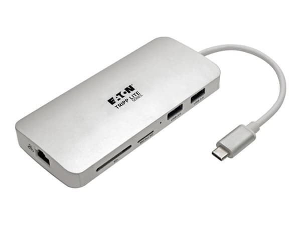 Tripp Lite USB C -telakointiasema, 4K @ 30 Hz, HDMI, Thunderbolt 3, USB-A-keskitin, PD-lataus, SD/Micro SD, GbE, USB Type C, USB-C - Telakointiasema
