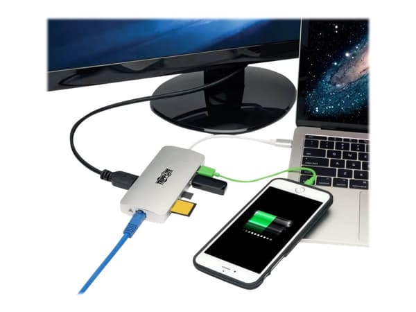 Tripp Lite USB C -telakointiasema, 4K @ 30 Hz, HDMI, Thunderbolt 3, USB-A-keskitin, PD-lataus, SD/Micro SD, GbE, USB Type C, USB-C - Telakointiasema