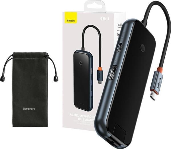 Hub 6w1 Baseus AcmeJoy series USB-C do 2xUSB 3.0 + USB 2.0 + USB-C PD + HDMI + RJ45 (szary)