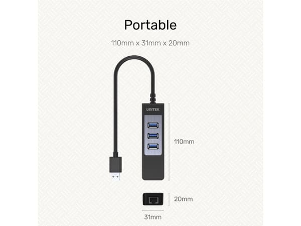 Unitek Deltaco nätverksadapter, 10/100 / 1000 Mbps, 1xRJ45, 1xUSB3.0, 3x USB3.0, svart USB3-GIGA3