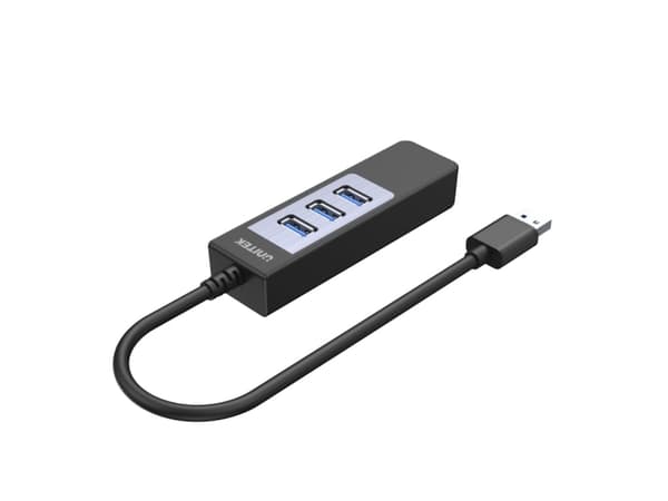Unitek Deltaco nätverksadapter, 10/100 / 1000 Mbps, 1xRJ45, 1xUSB3.0, 3x USB3.0, svart USB3-GIGA3