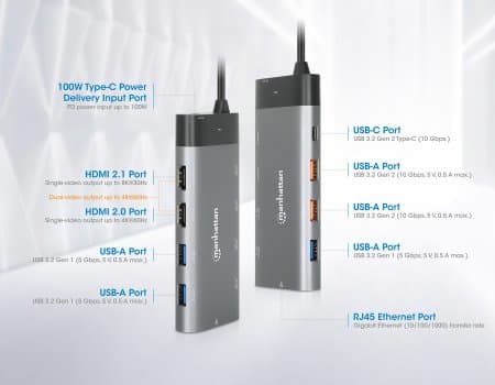 Manhattan 130714, Kabel, USB 3.2 Gen 2 (3.1 Gen 2) Type-C, 100 W, 10,100,1000 Mbit/s, Grå, 10 Gbit/s