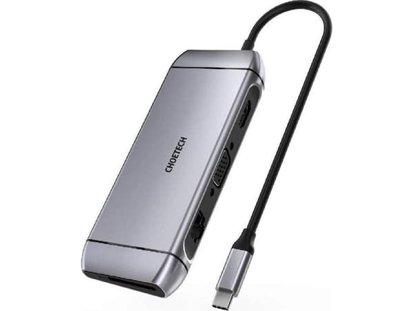 Choetech HUB-M15, USB 3.2 Gen 1 (3.1 Gen 1) Type-C, 100 W, 10,100,1000 Mbit/s, Grå, MicroSD (TransFlash), SD, 4K Ultra HD