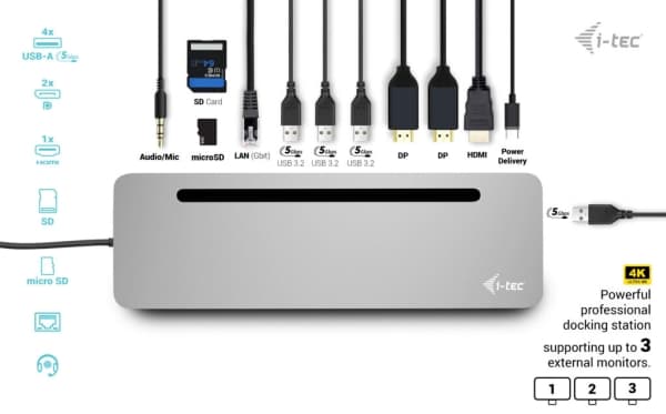 i-tec C31FLAT2PDPRO, Ledningsført, USB 3.2 Gen 1 (3.1 Gen 1) Type-C, 100 W, 10,100,1000 Mbit/s, Sølv, MicroSD (TransFlash), SD