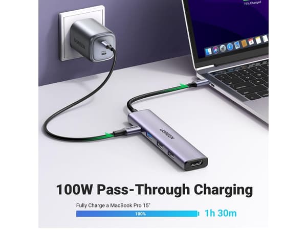 Ugreen 15495, langallinen, USB 3.2 Gen 1 (3.1 Gen 1) Type-C, 100 W, harmaa, 5 Gbit/s, 4K Ultra HD