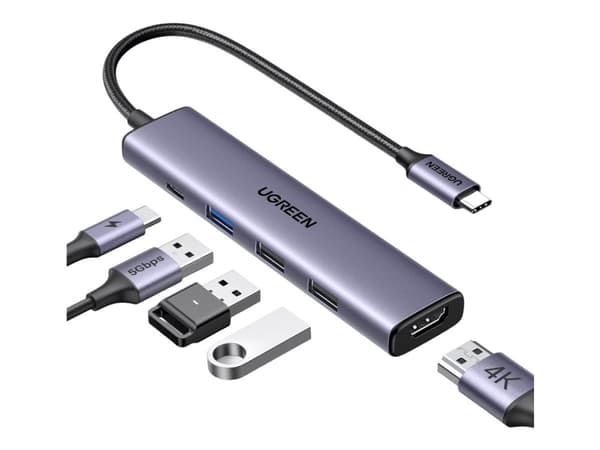 Ugreen 15495, langallinen, USB 3.2 Gen 1 (3.1 Gen 1) Type-C, 100 W, harmaa, 5 Gbit/s, 4K Ultra HD