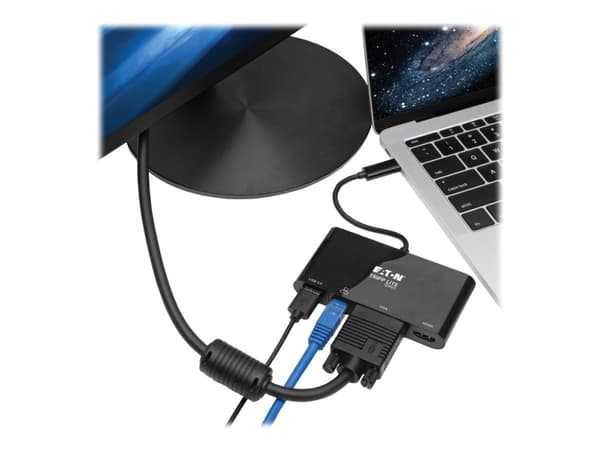 Eaton Tripp Lite Series USB 3.1 Gen 1 USB-C Adapter Converter Thunderbolt 3 Compatible 4K @ 30Hz - HDMI, VGA, USB-A Hub Port and Gigabit Ethernet, Bl
