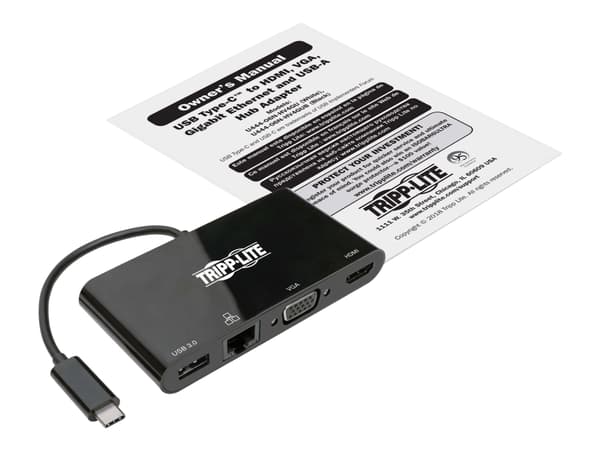 Eaton Tripp Lite Series USB 3.1 Gen 1 USB-C Adapter Converter Thunderbolt 3 Compatible 4K @ 30Hz - HDMI, VGA, USB-A Hub Port and Gigabit Ethernet, Bl