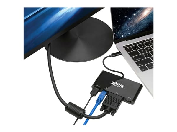 Eaton Tripp Lite Series USB 3.1 Gen 1 USB-C Adapter Converter Thunderbolt 3 Compatible 4K @ 30Hz - HDMI, VGA, USB-A Hub Port and Gigabit Ethernet, Bl
