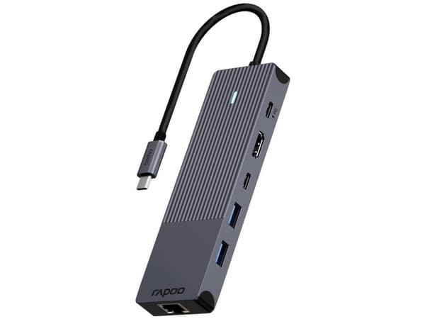 Rapoo UCM-2002, USB Type-C, HDMI, RJ-45, USB 3.2 Gen 1 (3.1 Gen 1), USB Type-C, Mies, Musta, 5 Gbit/s, 7,5 W