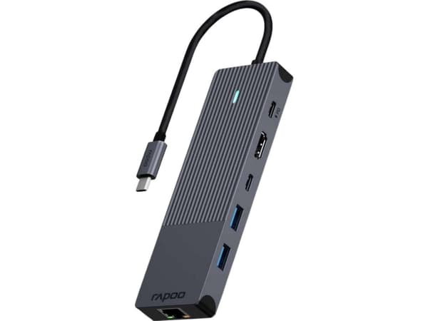 Rapoo UCM-2002, USB Type-C, HDMI, RJ-45, USB 3.2 Gen 1 (3.1 Gen 1), USB Type-C, Mies, Musta, 5 Gbit/s, 7,5 W musta