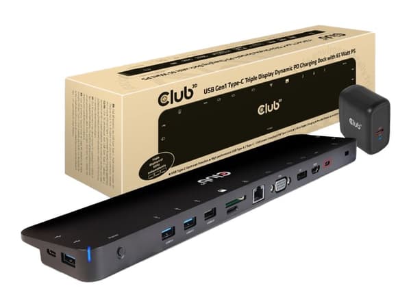 Club 3D Triple Display Dynamic PD Charging Dock - Dockningsstation - USB-C - VGA, HDMI, DP - 1GbE - 65 Watt