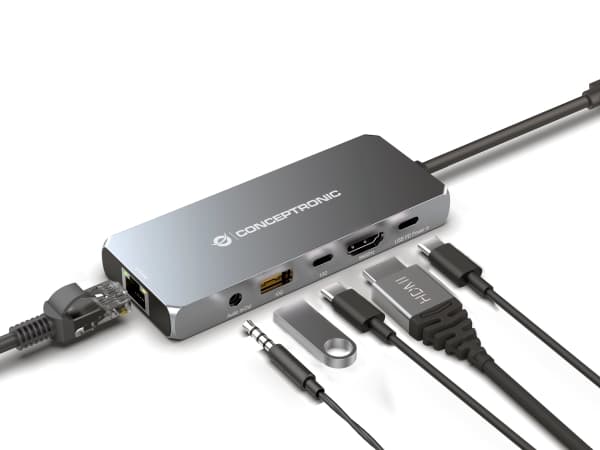 Conceptronic DONN22G, Kabel, USB 3.2 Gen 2 (3.1 Gen 2) Type-C, 100 W, 3,5 mm, 2500 Mbit/s, Grå