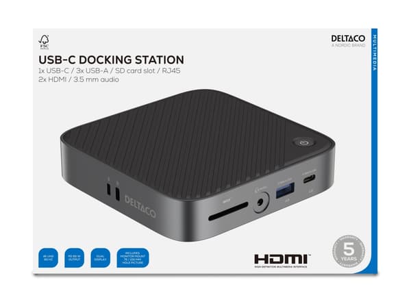 USB-C telakointiasema DELTACO, kaksoiskäyttöinen, 2x HDMI, USB-C/RJ45/SD/3.5, VESA / USBC-HDMI28 / 1902423