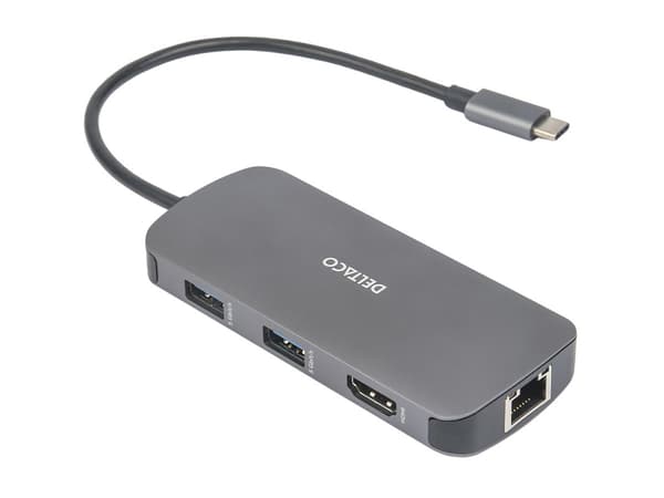 USB-C telakointiasema DELTACO, 1x HDMI/RJ45/SD/mSD, 3x USB-A / USBC-HDMI26 / 1902421