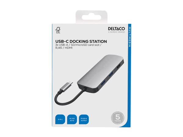 USB-C telakointiasema DELTACO, 1x HDMI/RJ45/SD/mSD, 3x USB-A / USBC-HDMI26 / 1902421