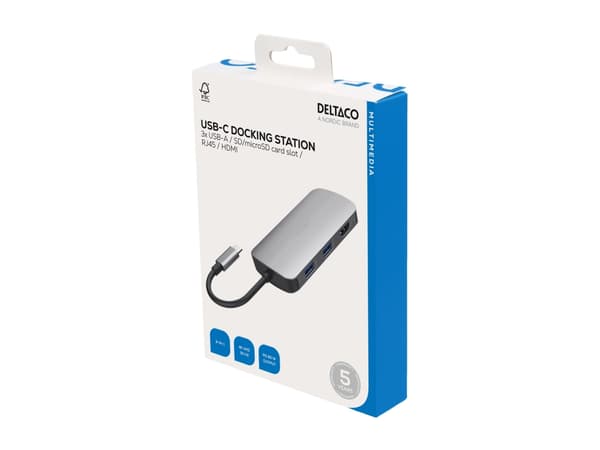 USB-C telakointiasema DELTACO, 1x HDMI/RJ45/SD/mSD, 3x USB-A / USBC-HDMI26 / 1902421