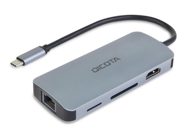 DICOTA D32062, USB Type-C, HDMI, RJ-45, USB 4 Type-A, USB Type-C, MicroSD (TransFlash), SD, hopea, alumiini, 100 W