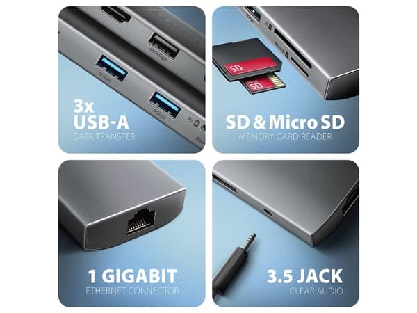Axagon HMC-8HLSA Moniporttinen USB-C 3.2 Gen 1 -keskitin, 3x USB-A + 4K/30Hz HDMI + SD/Micro SD, GLAN, Audio, PD 100W, 20cm USB-C-kaapeli