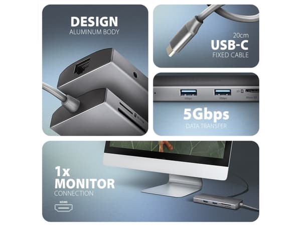 Axagon HMC-8HLSA Moniporttinen USB-C 3.2 Gen 1 -keskitin, 3x USB-A + 4K/30Hz HDMI + SD/Micro SD, GLAN, Audio, PD 100W, 20cm USB-C-kaapeli