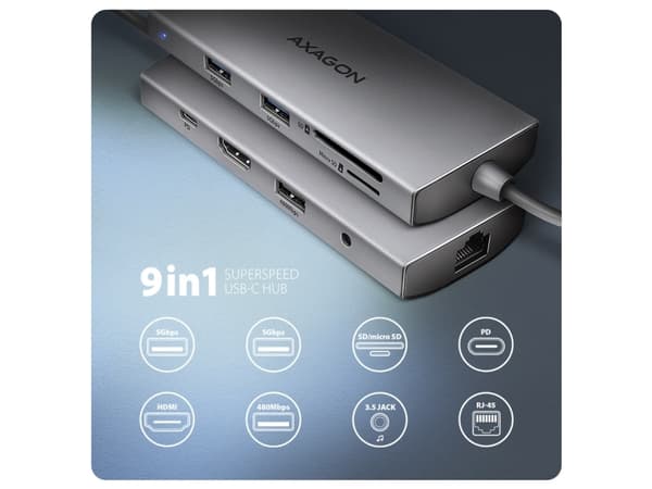 Axagon HMC-8HLSA Moniporttinen USB-C 3.2 Gen 1 -keskitin, 3x USB-A + 4K/30Hz HDMI + SD/Micro SD, GLAN, Audio, PD 100W, 20cm USB-C-kaapeli
